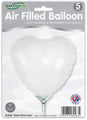 A pack of five 9" matte white heart foil balloons by Oaktree, airfill only with self-sealing valve. The packaging displays the inflated balloon.