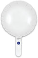A matte white, round 9" Oaktree brand foil balloon with a self-sealing valve and small handle is shown against a white background. Sold in packs of 5 and airfill only.