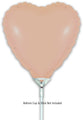A matte nude heart-shaped 9" Oaktree brand foil balloon (airfill only, with self-sealing valve), shown on a white stick holder. Text below reads: “Balloon Cup & Stick Not Included.”.