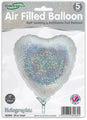 Oaktree 9" airfill-only holographic silver heart foil balloons with self-sealing valve, sold as a pack of 5. Each features sparkling silver holographic design; refillable and perfect for decorations.