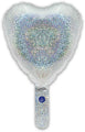 A 9" Oaktree holographic silver heart foil balloon (airfill only, self-sealing valve, 5 per pack) with a sparkling effect and handle, shown against a white background.