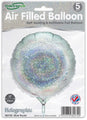 A pack of five 9" Oaktree holographic silver round foil balloons, airfill only with self-sealing valve and refillable. Packaging features a shimmering iridescent design.