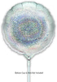 The image shows a 9" Oaktree holographic silver round foil balloon (airfill only, self-sealing valve, 5 per pack) on a white stick. Text below reads: Balloon Cup & Stick Not Included.