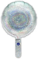The Oaktree 9" Holographic Silver Round Foil Balloon (airfill only, self-sealing valve, 5 per pack) features a sparkling, mirror-like surface and includes a matching handle.