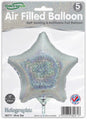 A pack of five 9" Oaktree brand holographic silver star foil balloons, air-fill only with self-sealing valve, labeled "Made in the UK.