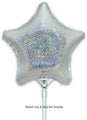 An inflated 9" holographic silver star-shaped foil balloon from Oaktree is shown on a white stick against a plain white background. Text below reads: Balloon cup & stick not included.