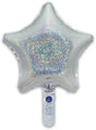 The Oaktree 9" Holographic Silver Star Foil Balloon features a glittery star shape, handy bottom handle, airfill-only self-sealing valve, and comes in a 5-pack—perfect as a magic wand prop.