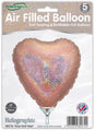 Pack of five Oaktree 9" holographic rose gold heart foil balloons with self-sealing valve, air-fill only. Features branded packaging with product info and a British flag to show it's made in the UK.