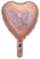 The Oaktree 9" Holographic Rose Gold Heart Foil Balloon features a shiny heart shape, a shimmering rose gold surface, and a self-sealing valve. Airfill only; sold in packs of 5.