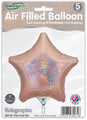 A pack of 5 Oaktree 9" holographic rose gold star foil balloons, air-fill only with self-sealing valves and refillable.
