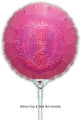 A 9" holographic pink round foil balloon by Oaktree is shown attached to a plastic stick. Balloon Cup & Stick Not Included. Sold in packs of 5, airfill only with self-sealing valve.