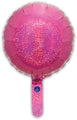 The Oaktree 9" Airfill Only Holographic Pink Round Foil Balloon (5 per pack) features a shiny, reflective pink finish and a small handle at the bottom. Includes a self-sealing valve.