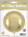Un paquet de cinq ballons ronds de 9" en feuille d'aluminium Oaktree Gold Silk, remplis d'air uniquement, avec des valves auto-obturantes.