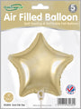 Paquet de 5 ballons Oaktree 9" en soie dorée, avec remplissage à l'air uniquement, avec valve auto-obturante, rechargeable. L'emballage indique "Ballon rempli d'air".
