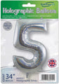 Le ballon de 34 pouces Number 5 Holographic Silver Oaktree Foil Balloon est livré dans une enveloppe transparente, peut être gonflé à l'hélium ou à l'air, et porte la marque Oaktree.