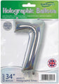The 34" Number 7 Holographic Silver Oaktree Foil Balloon by Oaktree features a giant holographic silver "7" balloon. Inflate with helium or air. UK flag icon on the bottom right.