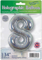The Oaktree 34" Number 8 Holographic Silver Foil Balloon can be inflated with helium or air. The packaged balloon features the Oaktree brand at the top and measures 34 inches (86.4 cm) in height.