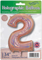El globo Oaktree 34" Number 2 Holographic Rose Gold Foil viene en un envoltorio de marca con texto multilingüe y una bandera británica, lo que demuestra que ha sido diseñado en el Reino Unido.
