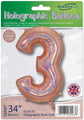El globo Oaktree 34" Number 3 Holographic Rose Gold Foil se presenta en un embalaje con texto y una bandera británica, lo que indica que es apto para inflado con helio o aire.