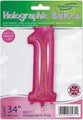 The Oaktree 34" Number 1 Holographic Pink Foil Balloon comes packaged, is metallic pink with a holographic finish, suitable for helium or air inflation, and designed in the UK.
