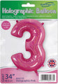 Un paquet du ballon Oaktree 34" Number 3 Holographic Pink Foil Balloon, conçu pour être rempli avec de l'hélium ou de l'air, avec un motif de drapeau britannique et un grand ballon rose numéro 3.