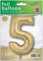 The 34" Number 5 Silk Gold Oaktree Foil Balloon by Oaktree comes in green and white branded packaging. Perfect for birthdays, it can be filled with air or helium.