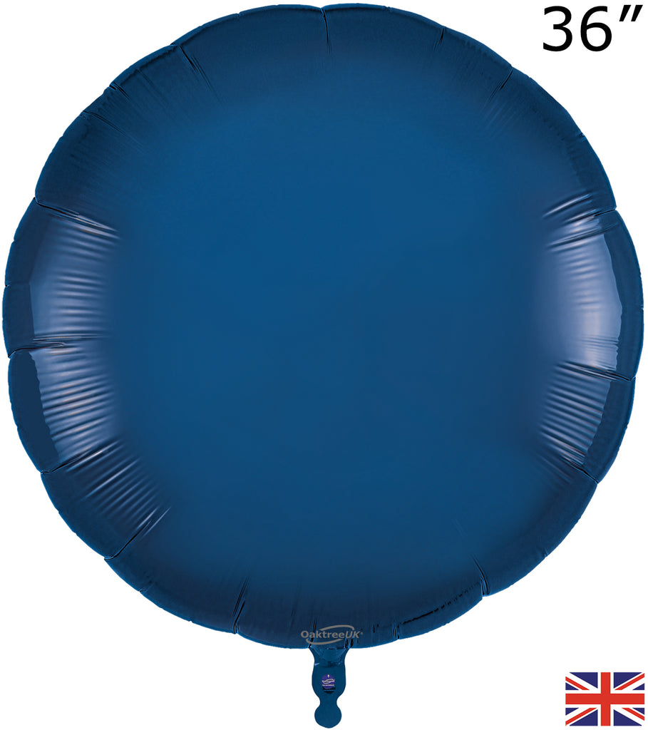 Uninflated Balloon Made by Oaktree UK. Balloon Size Measures  36" Navy Blue Round Packaged.