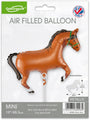 The Oaktree 15" Airfill Only Mini Shape Brown Horse balloon (sticks sold separately) comes packaged and is ideal for equestrian parties, featuring a metallic brown horse design and British flag on the packaging.
