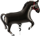 The 15.5" Airfill Only Oaktree Brand Horse Black balloon features a shiny black design with a red bridle, raised front leg, and white hoof accents on a white stick—perfect for themed parties or decorations.