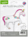 The Oaktree 15" Airfill Only Mini Shape Unicorn with Flowers Metallic Balloon is white with a pink mane and tail, decorated with pink, blue, and yellow flowers. Packaged to show product details and measurements. Sticks sold separately.