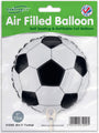 Un globo de aluminio de la marca Oaktree, modelo «Mini Oaktree», de 9″, solo para inflar con aire (con válvula autosellante), con diseño metálico de balón de fútbol, fabricado por Oaktree. El embalaje incluye una bandera del Reino Unido e información sobre el producto.