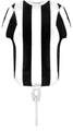 El Globo Oaktree 11" Sports Shirt Black White Stripe Metallic Foil tiene forma de camiseta con rayas verticales, sólo con aire. Empaquetado, poste no incluido.