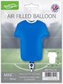 El globo Oaktree Airfill Only Blue Metallic Sports Shirt Foil Balloon de 11" viene empaquetado, ideal para fiestas con temática deportiva. La etiqueta indica "Air Filled Balloon, Mini, 11/28cm" y muestra la marca Oaktree con una insignia de la bandera del Reino Unido.
