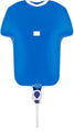The Oaktree 11" Airfill Only Sports Shirt Blue Metallic Foil Balloon features a blue T-shirt shape with white collar and chest rectangle, attached to a white stick with a purple and white holder.