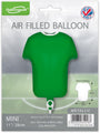 El globo metálico Oaktree Sports Shirt Green de 11" se muestra inflado en un envoltorio de marca con una bandera del Reino Unido. Diseñado sólo para aire, esta decoración de fiesta autosellable y rellenable es perfecta para celebraciones deportivas.