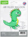 The Oaktree 15" Airfill Only Mini Shape Happy Dinosaur Metallic balloon features a smiling green dinosaur with yellow spots. Self-sealing and refillable, this balloon is perfect for kids' parties. Sticks sold separately. Packaged for convenience.