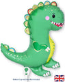 A 15" Oaktree metallic green dinosaur-shaped mini balloon with yellow spikes and pink cheeks is shown smiling and standing upright. Text notes "Balloon Cup and Stick Not Included." Brand: Oaktree. Sticks sold separately.