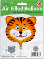 Le ballon Oaktree 10" Airfill Only Mini Shape Tiger Metallic Balloon représente une tête de tigre de dessin animé avec des rayures orange et noires, des joues blanches et un sourire. Emballé, auto-scellant, rechargeable - bâtons vendus séparément. Parfait pour les fêtes sur le thème de la jungle.
