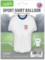 Emballage d'un ballon en aluminium de 24 pouces représentant un maillot de sport métallisé blanc et bleu de l'équipe d'Angleterre, fabriqué par Oaktree et orné de l'écusson de l'Angleterre. Le texte indique : « Des maillots de sport pour toutes les occasions. » Le ballon mesure 24 pouces (61 cm).