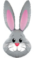 The 35" Oaktree Brand Cute Grey Bunny Rabbit Foil Balloon features big pink ears, expressive eyes, a pink nose, and a smiling mouth—perfect for Easter celebrations.
