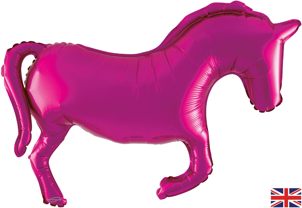 Uninflated Balloon Made by Oaktree UK. Balloon Size Measures  Shape 35" Horse Solid Colour Pink Metallic Packaged.