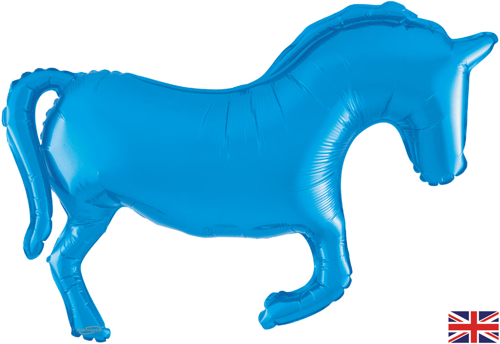 Uninflated Balloon Made by Oaktree UK. Balloon Size Measures  Shape 35" Horse Solid Colour Blue Metallic Packaged.