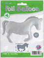 El globo Oaktree 35" Horse Solid Colour White Metallic Mylar/Foil viene empaquetado con una foto del globo sin inflar, un diagrama del tamaño y un texto que indica que es apto para helio o aire.