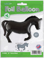 The Oaktree 35" Horse Solid Colour Black Metallic Mylar Balloon is shaped like a horse and ideal for equestrian parties. Packaging shows size specs and inflation instructions.