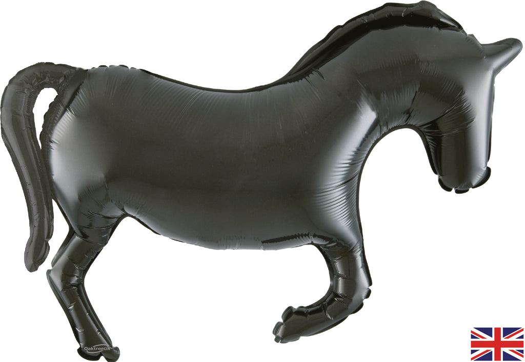 Uninflated Balloon Made by Oaktree UK. Balloon Size Measures  Shape 35" Horse Solid Colour Black Metallic Packaged.