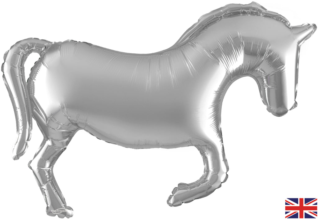 Uninflated Balloon Made by Oaktree UK. Balloon Size Measures  Shape 35" Horse Solid Colour Silver Metallic Packaged.