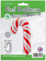 El globo Oaktree 35" Red White Candy Cane Metallic Mylar/Foil se muestra en su envoltorio, que indica que es un globo navideño diseñado para inflar y que es biodegradable.