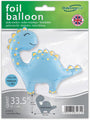 The 33.5" Cute Dinosaur Blue Metallic Foil Balloon by Oaktree features a blue dinosaur with yellow spots, is suitable for helium or air inflation, and comes in packaging with the Oaktree logo and British flag.
