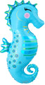 The 35" Shape Iridescent Seahorse Oaktree Brand Foil Balloon features shiny blue foil with green and yellow accents, cartoonish details like a cute smile and pink cheeks, making it the perfect Oaktree party balloon for any under-the-sea themed decoration.