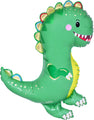 The 34" Oaktree Brand Happy Dinosaur Metallic Packaged Foil Balloon features a shiny green dinosaur with yellow spikes, a yellow belly, white claws, and a smiling face with pink cheeks and white teeth.